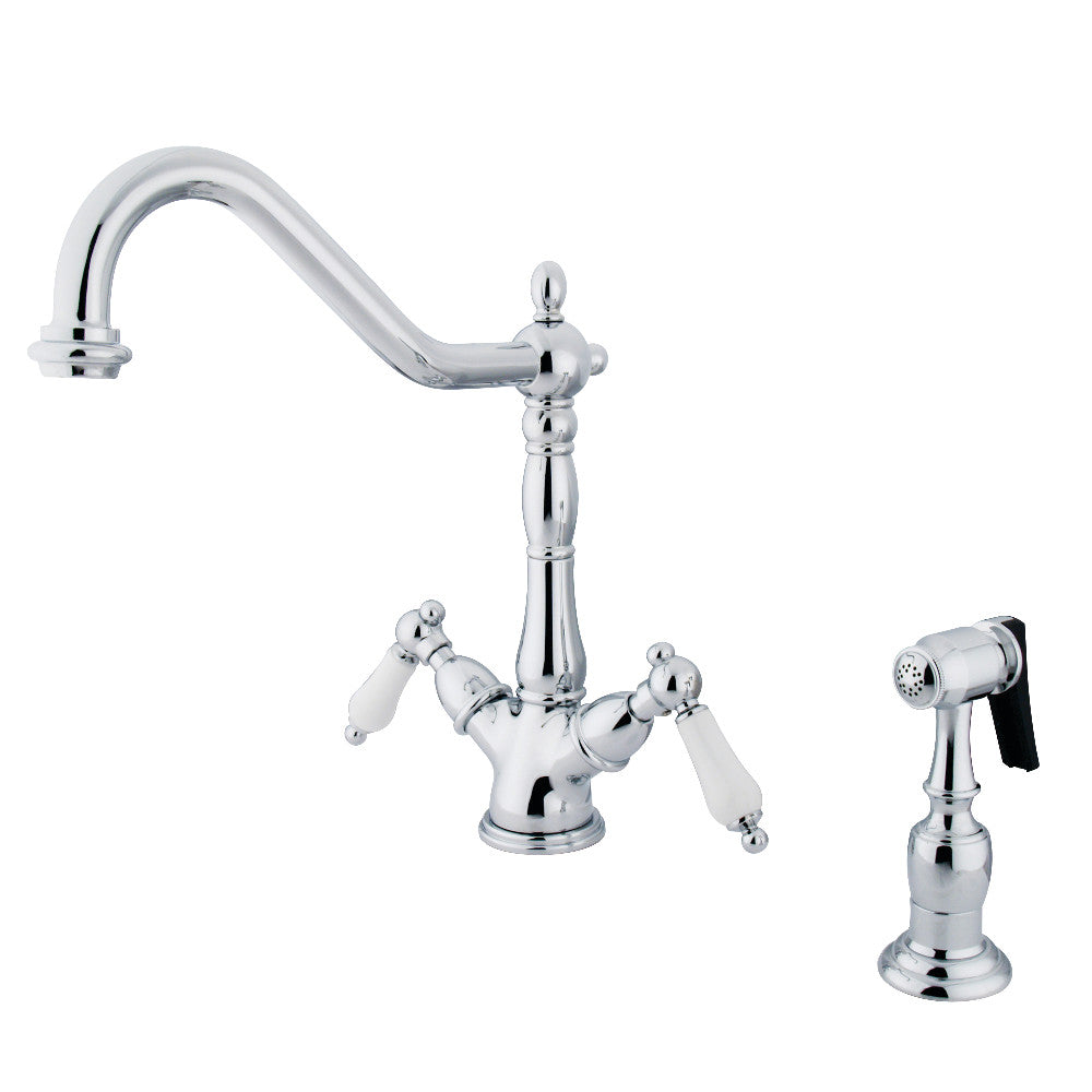 Kingston KS1238PLBS Heritage Two-Handle Kitchen Faucet with Brass Sprayer, Brushed Nickel.