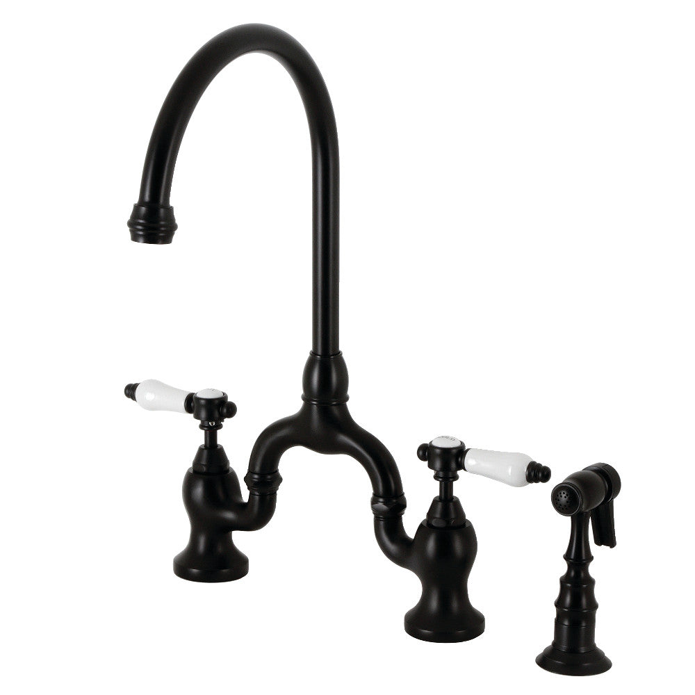 Kingston KS7793BPLBS Bel-Air Bridge Kitchen Faucet with Brass Sprayer, Antique Brass in matte black finish