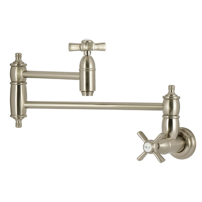 Kingston Brass KS3103ZX Millennium Wall Mount Pot Filler Faucet, Antique Brass image showing brushed nickel finish and swing arms.