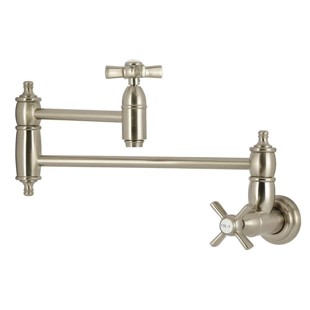 Kingston Brass KS3103ZX Millennium Wall Mount Pot Filler Faucet, Antique Brass image showing brushed nickel finish and swing arms.