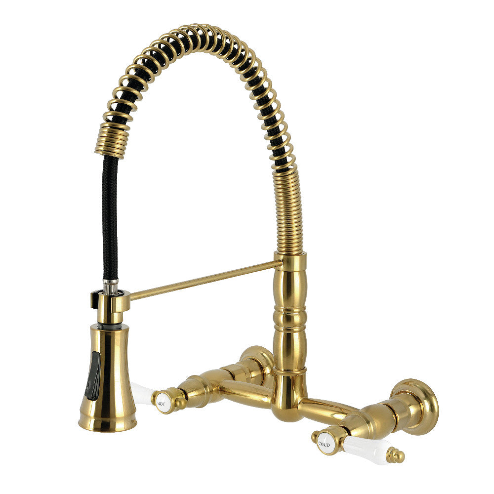 Kingston Brass GS1243BPL Bel-Air Double-Handle Wall-Mount Pre-Rinse Bridge Kitchen Faucet, Antique Brass with brushed finish.