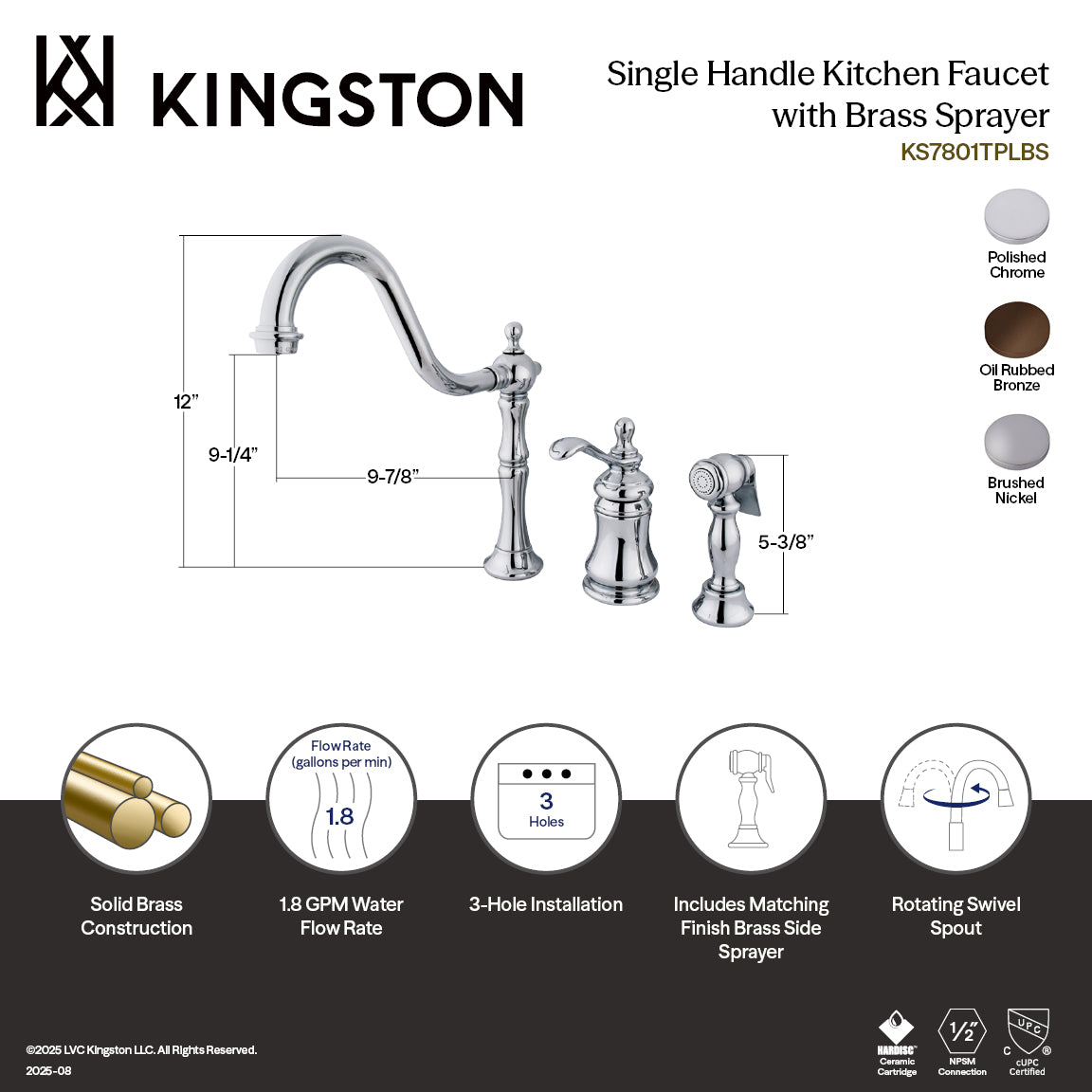 Kingston Brass KS7808TPLBS Templeton Single-Handle Widespread Kitchen Faucet with Brass Sprayer, Brushed Nickel