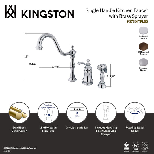 Kingston Brass KS7808TPLBS Templeton Single-Handle Widespread Kitchen Faucet with Brass Sprayer, Brushed Nickel