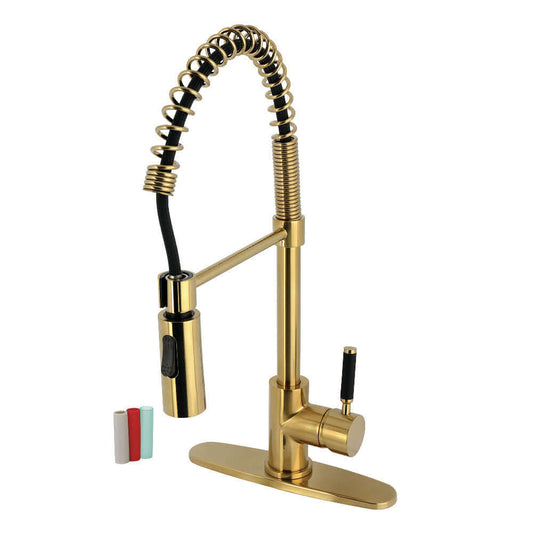 Kingston Brass LS8773DKL Kaiser Pre-Rinse Kitchen Faucet with ergonomic design and black rubber-coated handle, angled view.