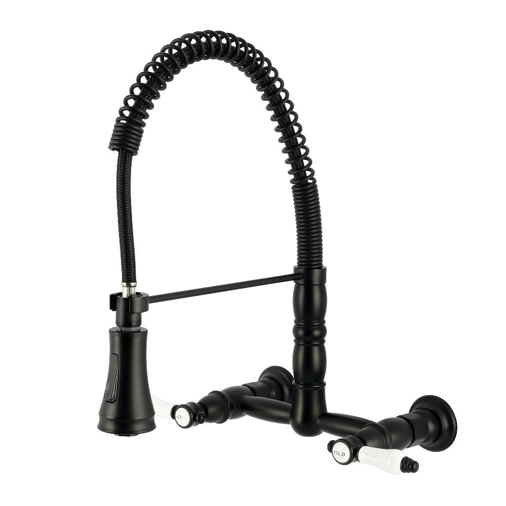 Kingston Brass GS1243BPL Bel-Air Double-Handle Wall-Mount Pre-Rinse Bridge Kitchen Faucet, Antique Brass in Matte Black finish