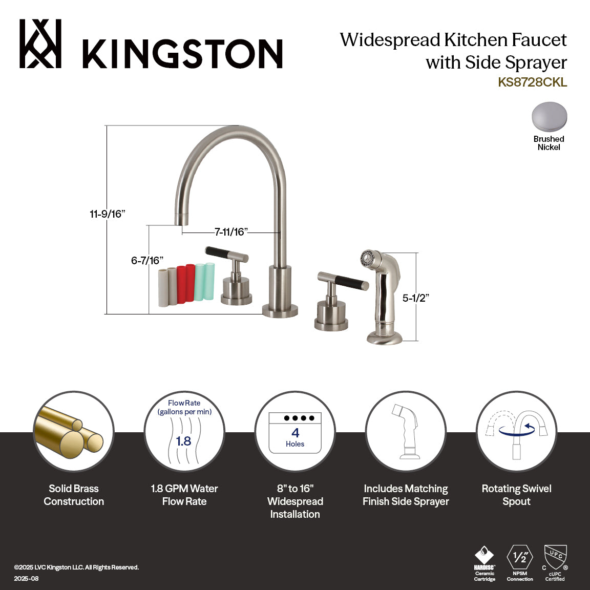 Kingston Brass KS8728CKL Kaiser Double-Handle Widespread Kitchen Faucet with Plastic Sprayer, Brushed Nickel