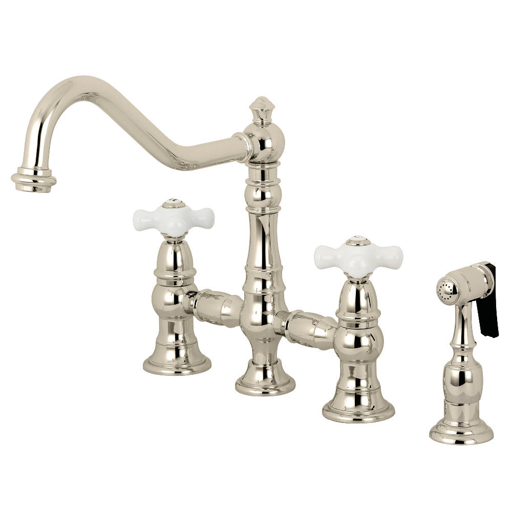 Kingston KS3277PXBS Restoration Bridge Kitchen Faucet with Brass Sprayer, Brushed Brass
