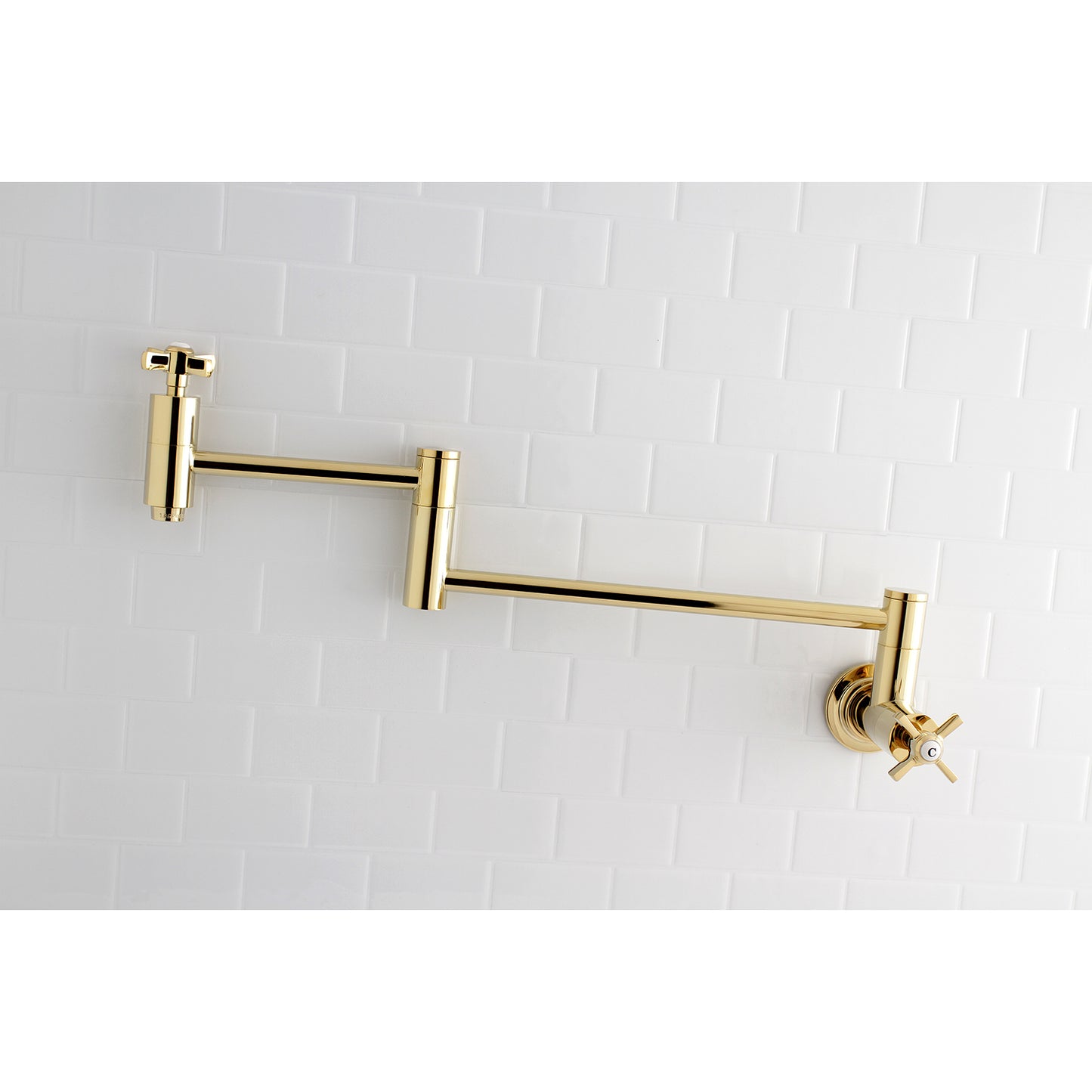 Kingston Brass KS8103ZX Millennium Wall Mount Pot Filler Faucet, Antique Brass on white tile background.