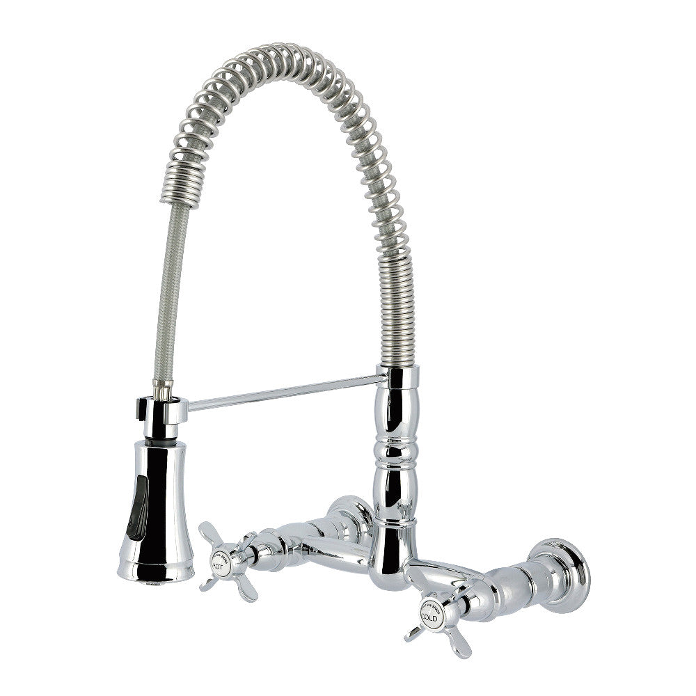 Kingston Brass GS1243BEX Essex Double-Handle Wall-Mount Pre-Rinse Bridge Kitchen Faucet, Antique Brass in polished chrome finish.