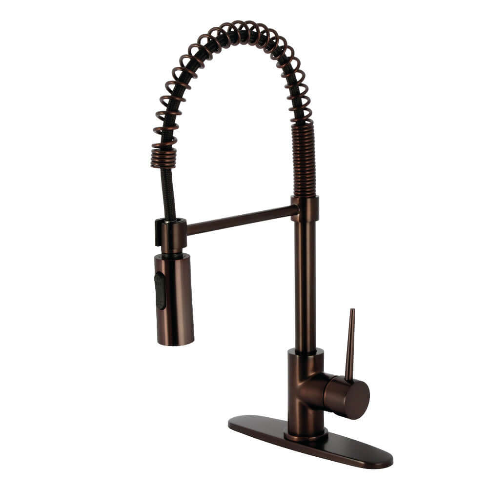 Kingston Brass LS8778NYL New York Pre-Rinse Kitchen Faucet with oil rubbed bronze finish, side view showcasing high-arching spout.