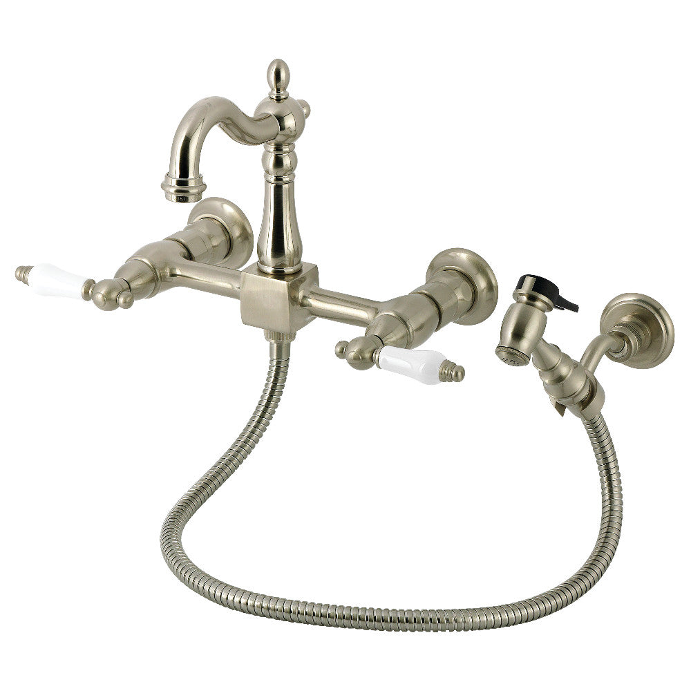 Kingston KS2443PLBS Heritage Two-Handle Wall Mount Bridge Kitchen Faucet with Brass Sprayer, Antique Brass