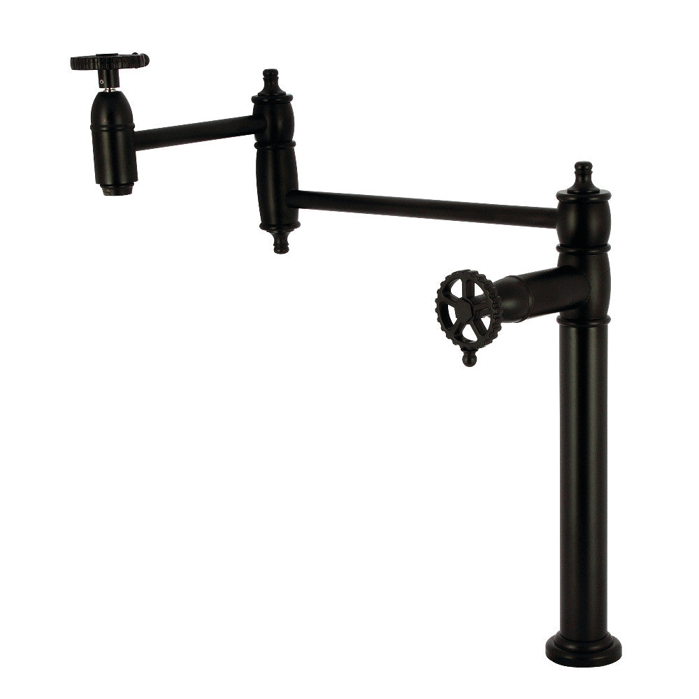Kingston Brass KS3703CG Fuller Deck Mount Pot Filler Faucet, Antique Brass with foldable swing arms and matte black finish.