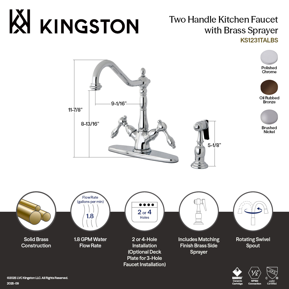 Kingston KS1238TALBS Tudor Two-Handle Kitchen Faucet with Brass Sprayer, Brushed Nickel