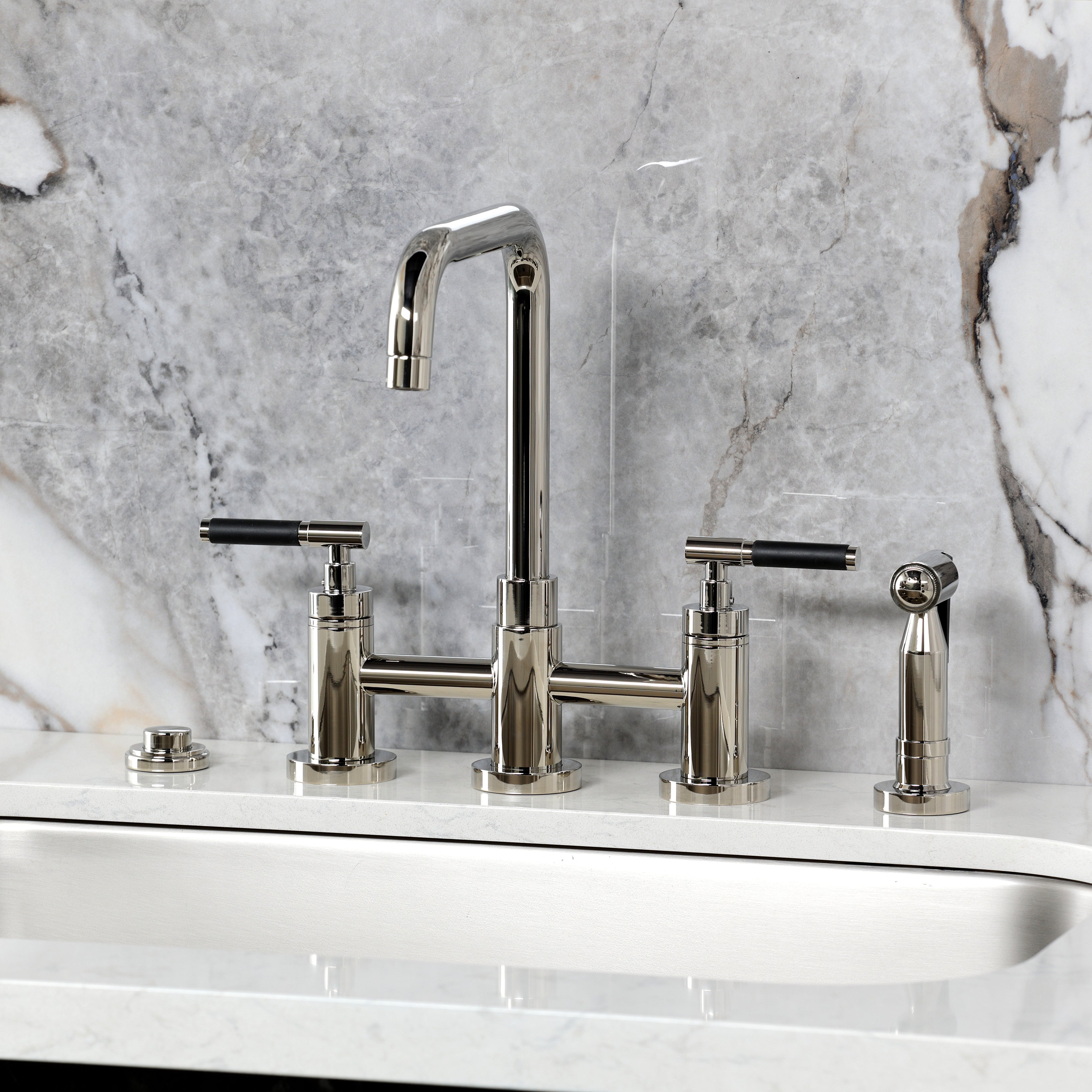 Kingston KS8287CKLBS Kaiser Bridge Kitchen Faucet with Brass Sprayer, Brushed Brass on marble countertop.