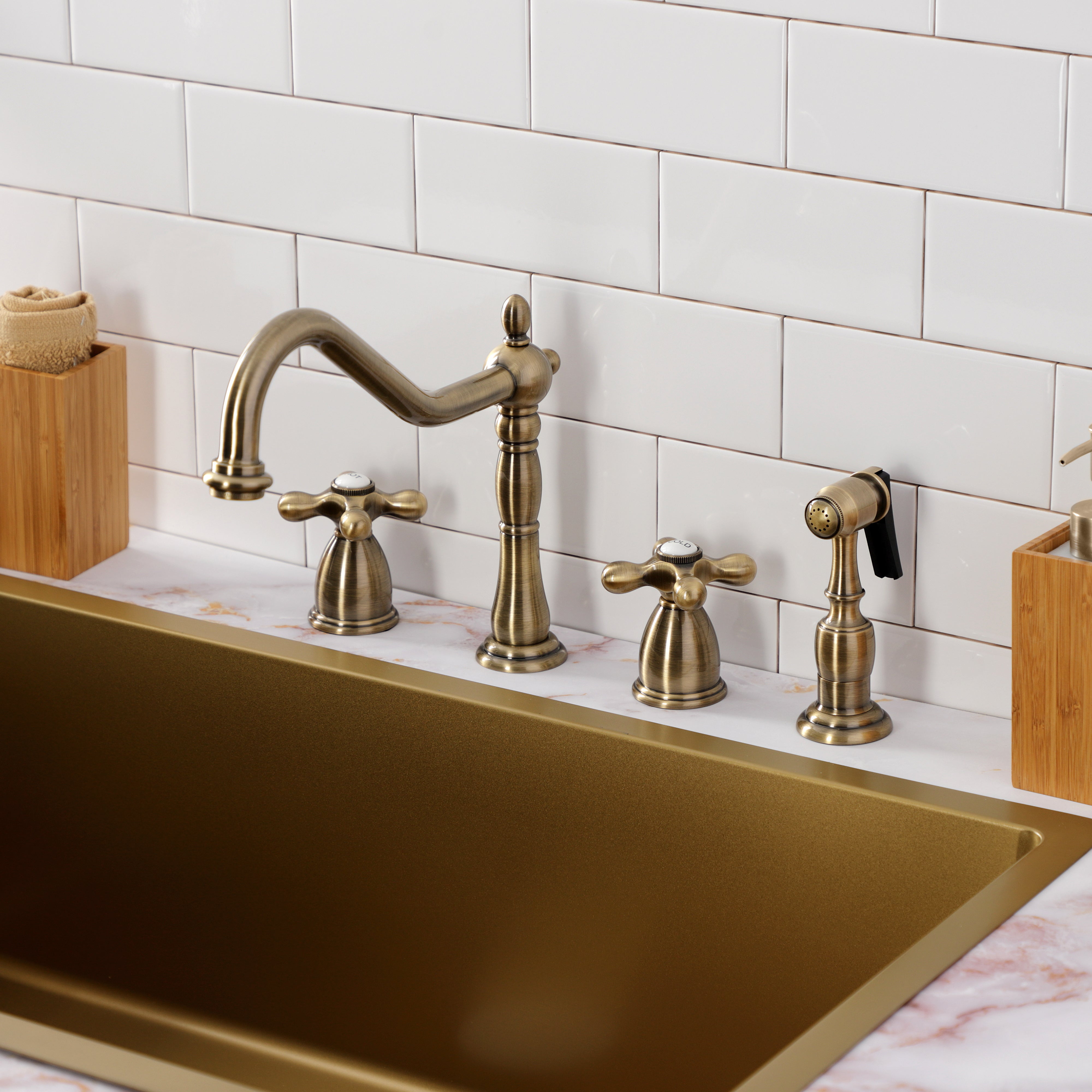 Kingston Brass KB1793AXBS Heritage Double-Handle Widespread Kitchen Faucet with Brass Sprayer, Antique Brass