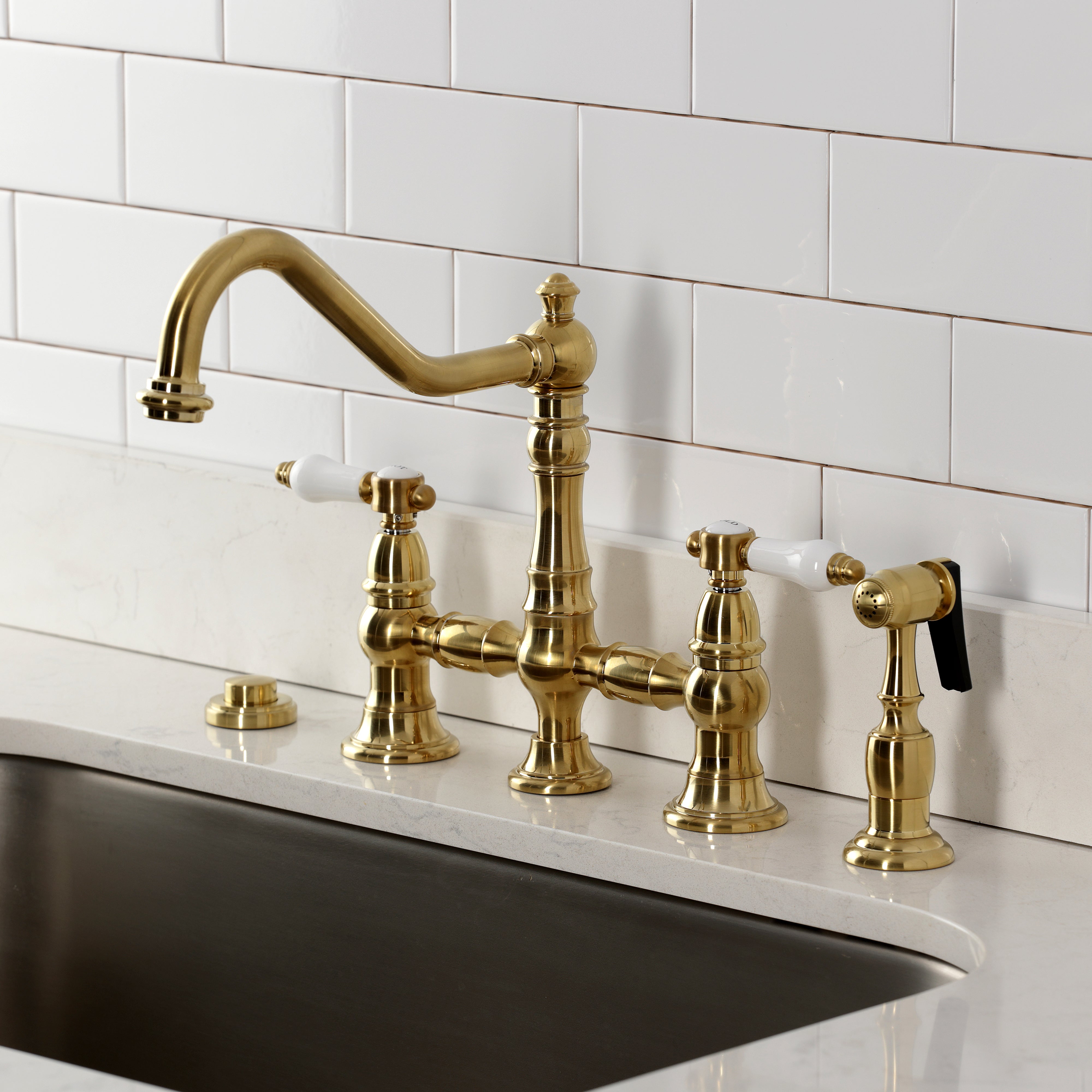 Kingston KS3277BPLBS Bel-Air Bridge Kitchen Faucet with Brass Sprayer, Brushed Brass