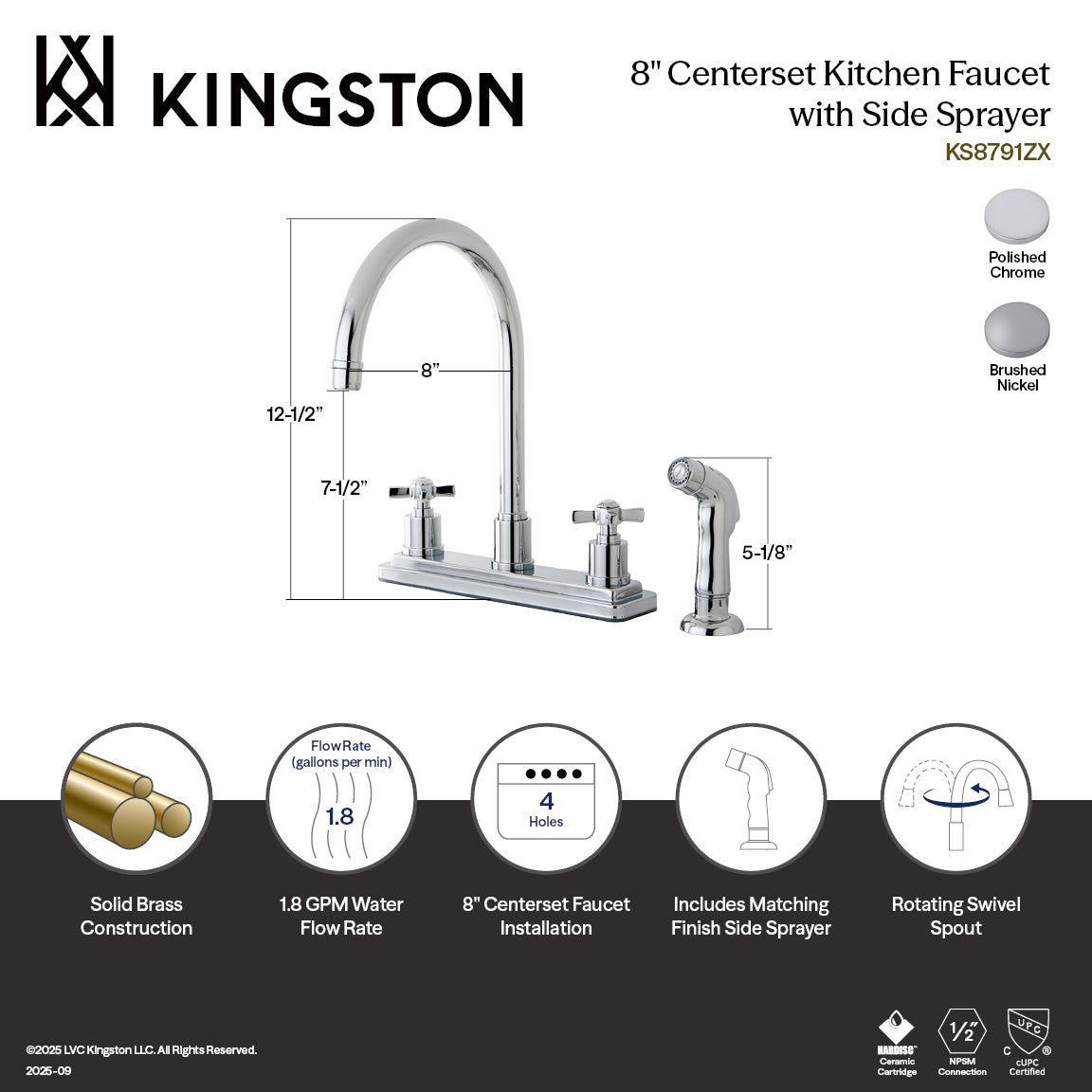 Kingston KS8798ZX Millennium Two-Handle 8" Centerset Kitchen Faucet with Side Sprayer, Brushed Nickel image featuring polished chrome finish