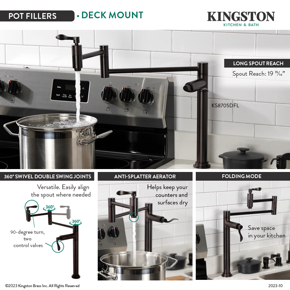 Kingston Brass KS8708DFL NuWave Deck Mount Pot Filler Faucet, Brushed Nickel in kitchen with pot filling.