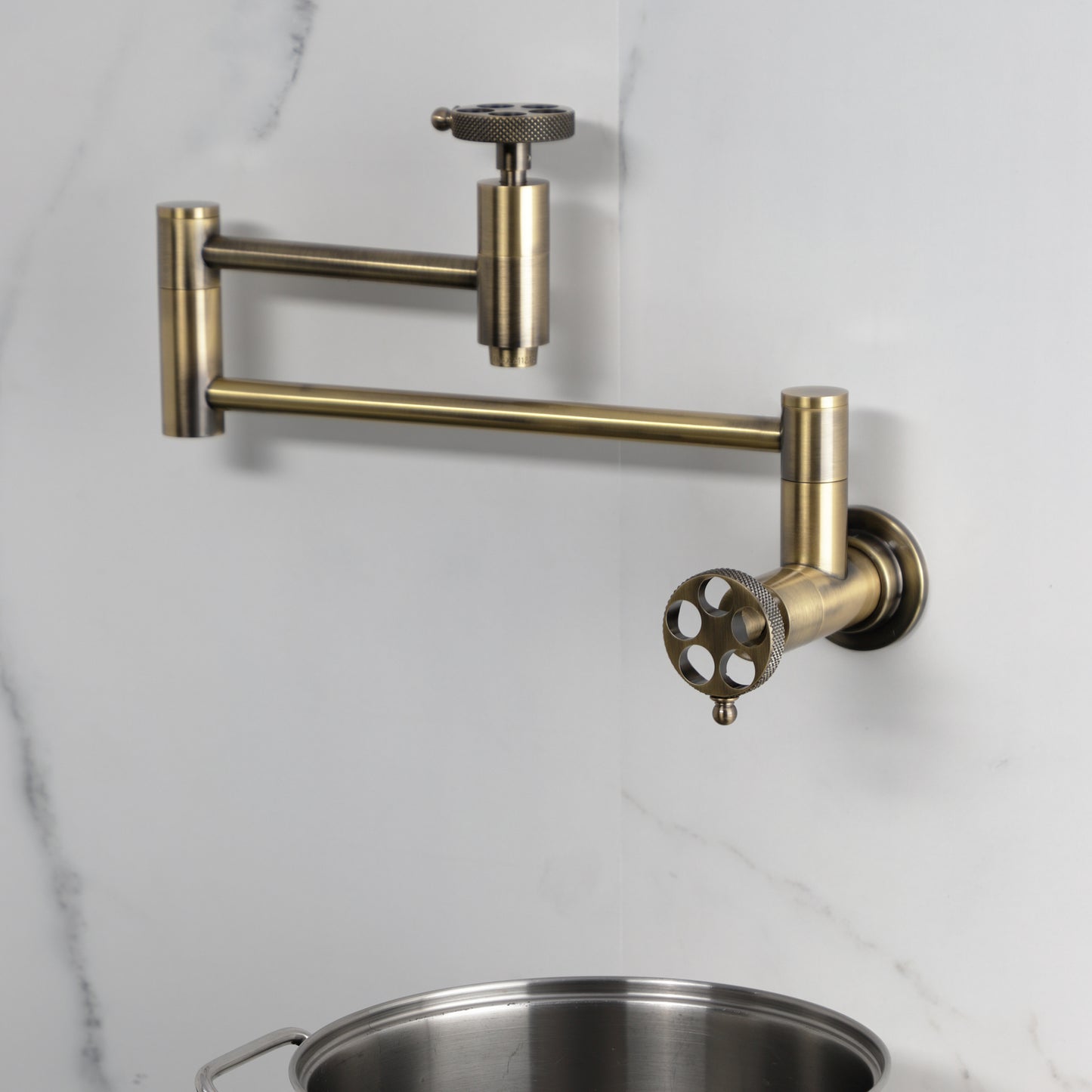 Kingston Brass KS8103RKX Webb Wall Mount Pot Filler Faucet with Knurled Handle, Antique Brass