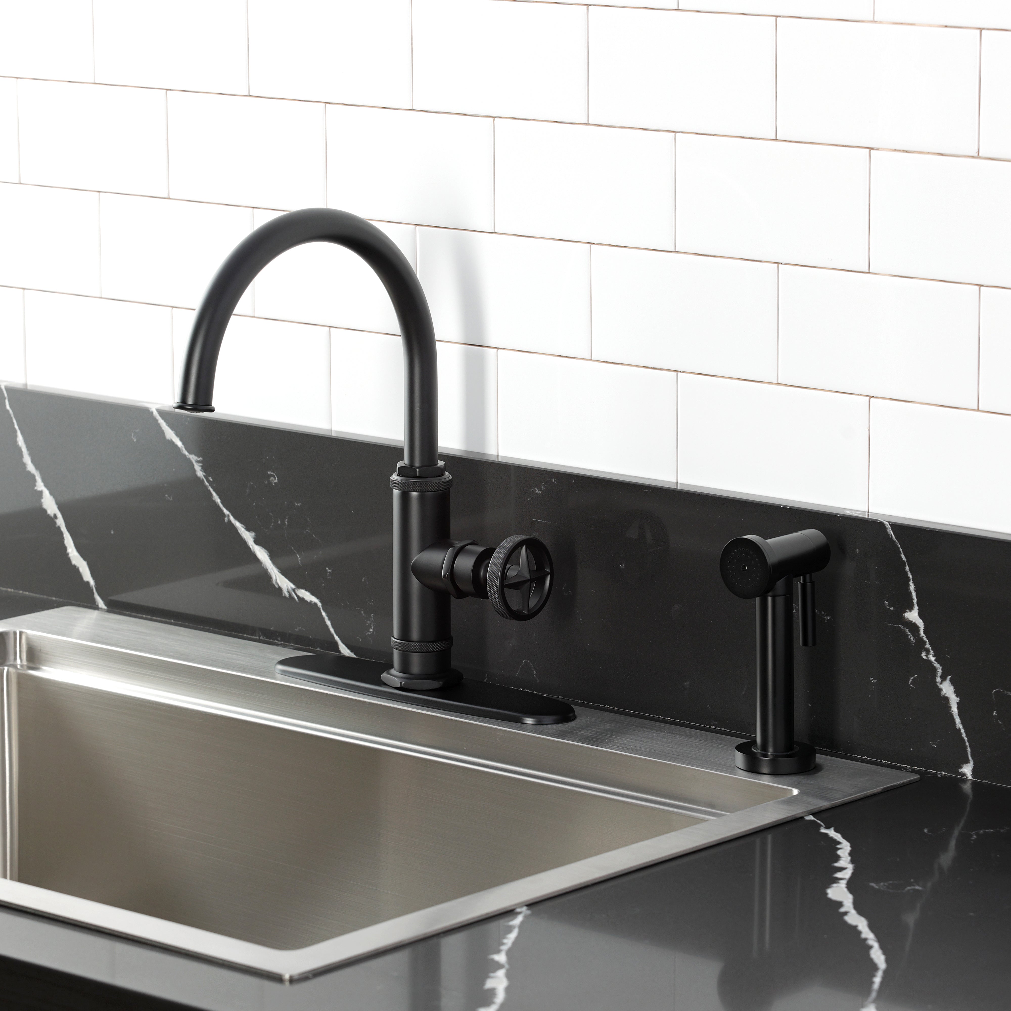 Kingston Brass KSD2433RNX Ostro Single-Handle Kitchen Faucet, Antique Brass in a modern kitchen setting.