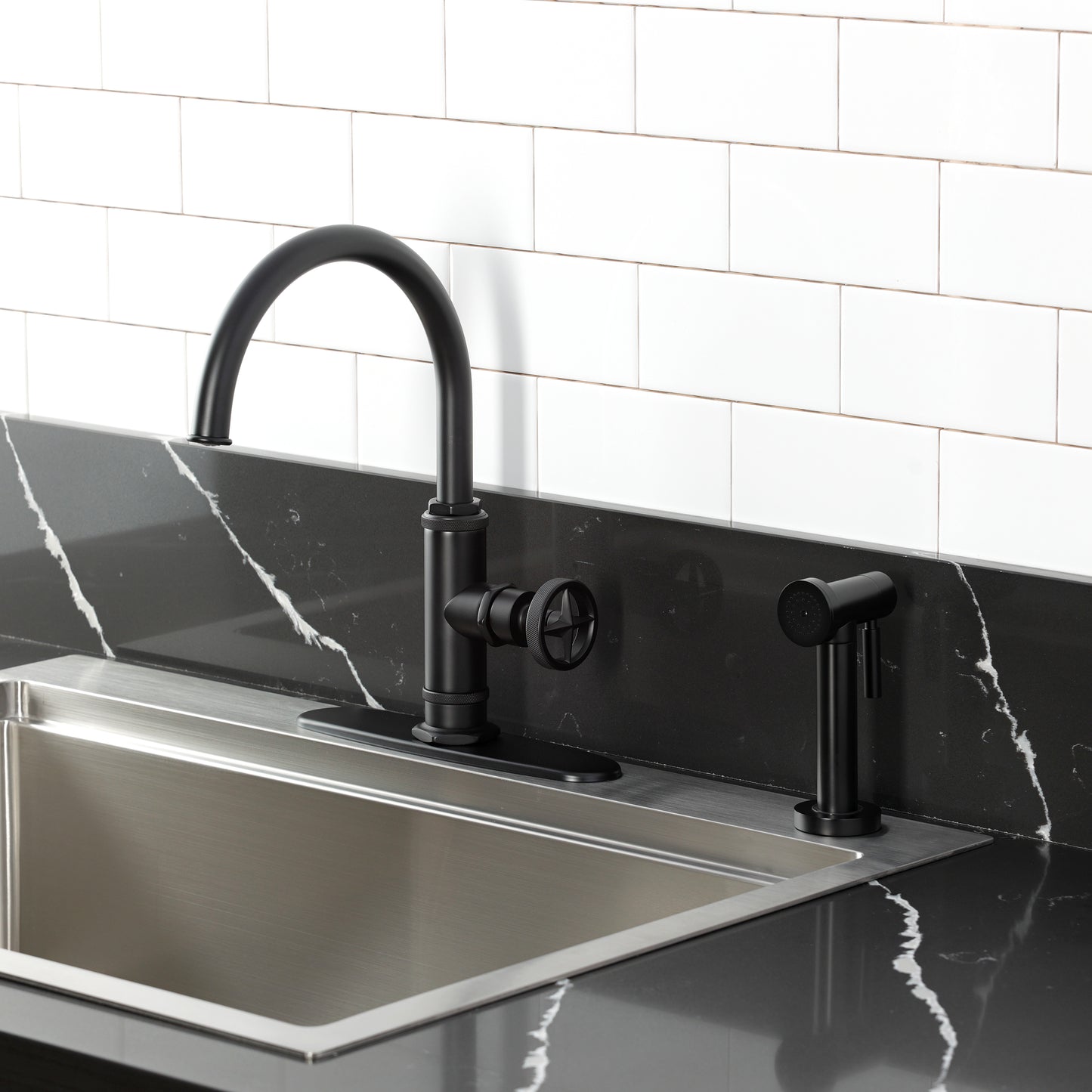 Kingston Brass KSD2433RNX Ostro Single-Handle Kitchen Faucet, Antique Brass in a modern kitchen setting.