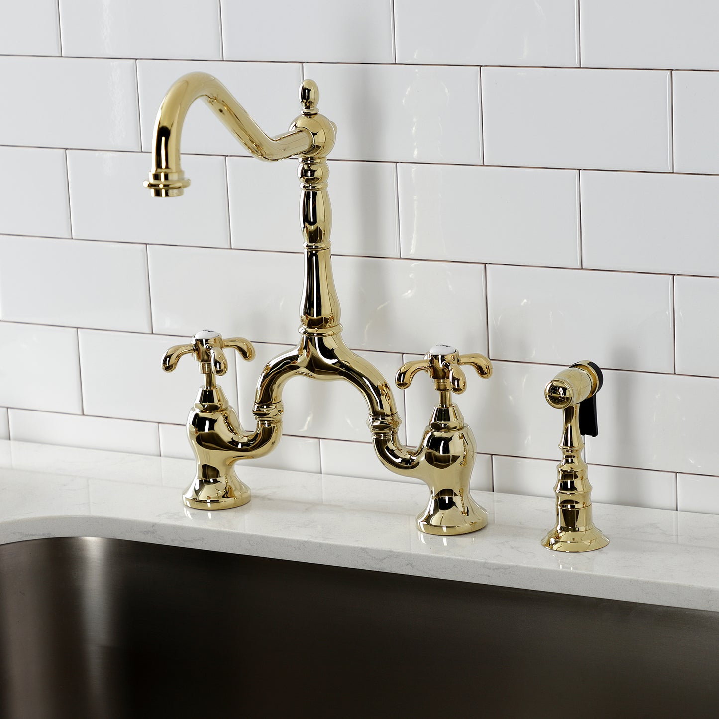 Kingston KS7753TXBS French Country Bridge Kitchen Faucet with Brass Sprayer, Antique Brass