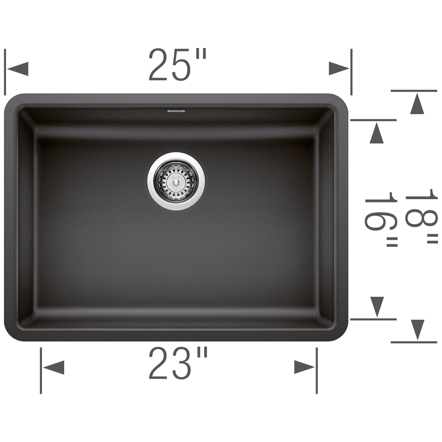 Top view of BLANCO Precis SILGRANIT 25" ADA Single Bowl Undermount Kitchen Sink with dimensions labeled.