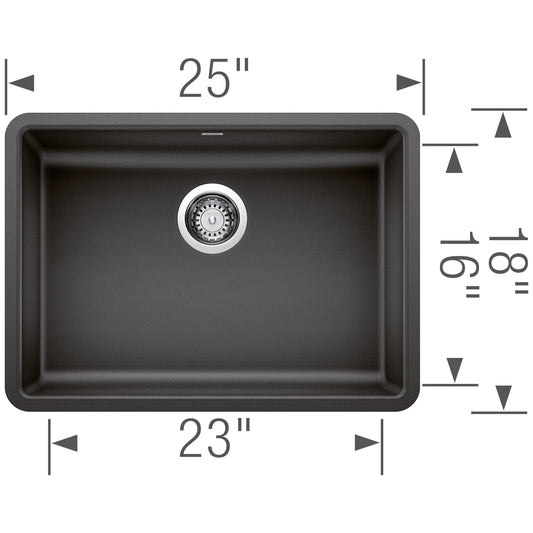 Top view of BLANCO Precis SILGRANIT 25" ADA Single Bowl Undermount Kitchen Sink with dimensions labeled.
