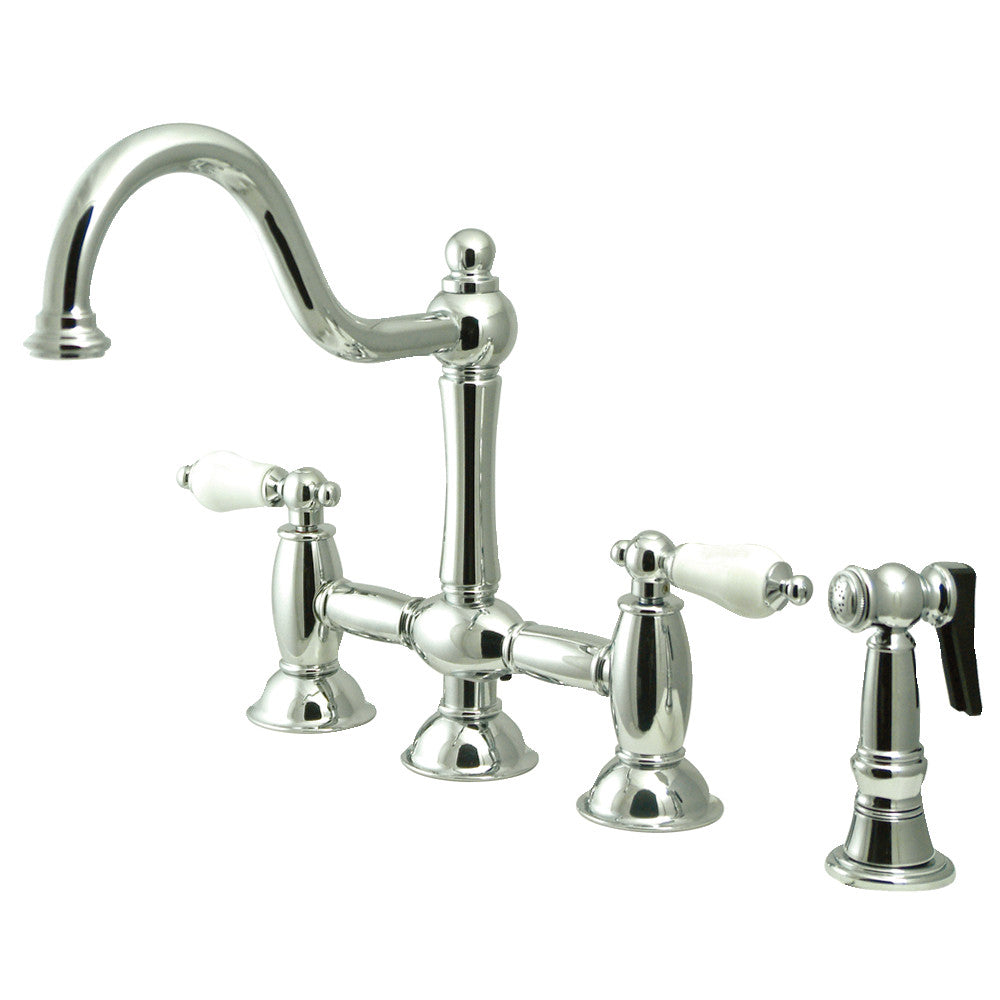 Kingston KS3798PLBS Restoration Bridge Kitchen Faucet with Brass Sprayer, Brushed Nickel