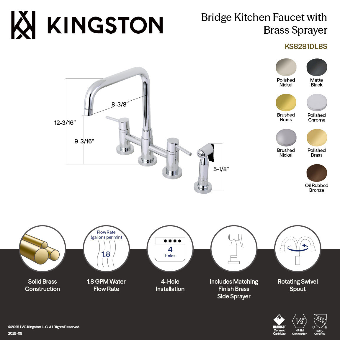Kingston KS8287DLBS Concord Bridge Kitchen Faucet with Brass Sprayer, Brushed Brass features sleek design and solid brass construction.