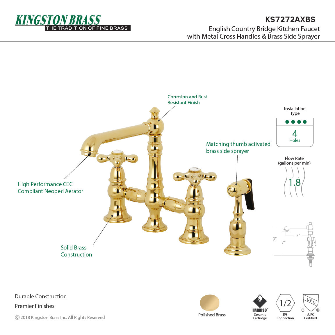 Kingston KS7277AXBS English Country Bridge Kitchen Faucet with Brass Sprayer, Brushed Brass