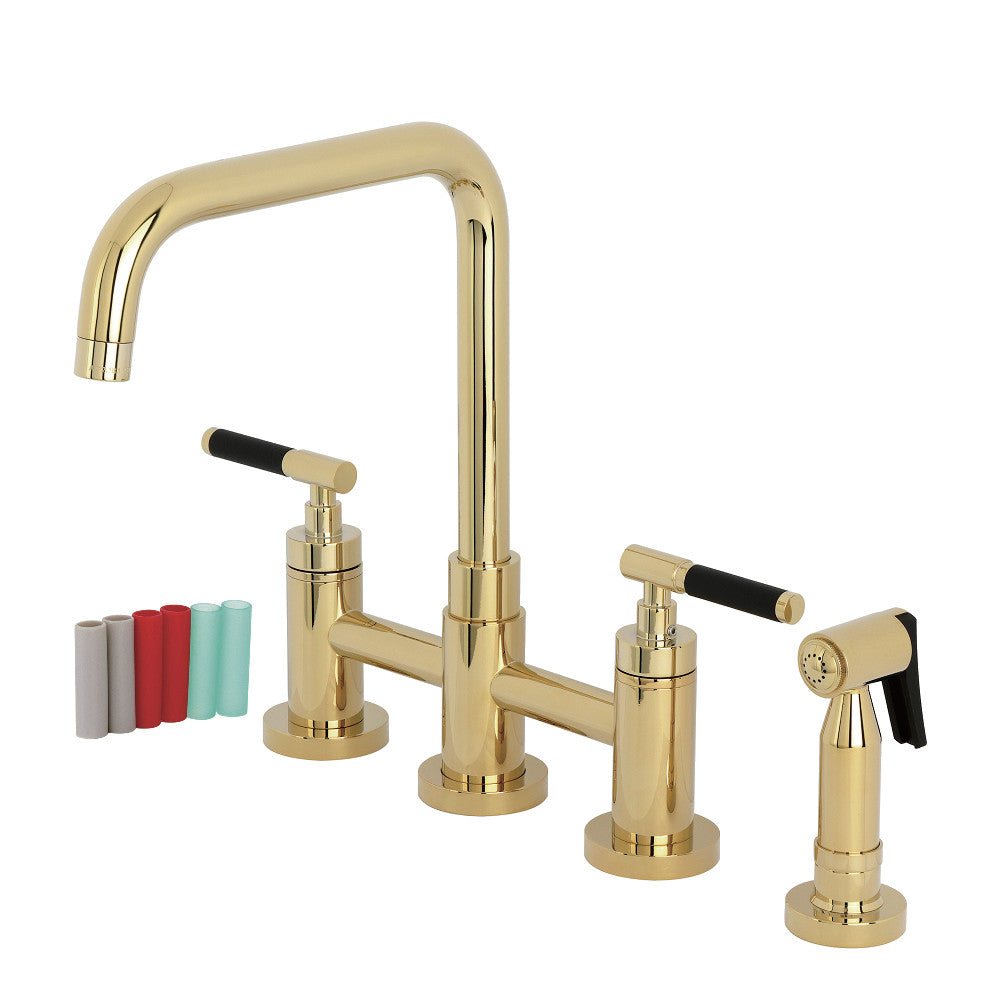 Kingston KS8287CKLBS Kaiser Bridge Kitchen Faucet with Brass Sprayer, Brushed Brass in polished brass finish.