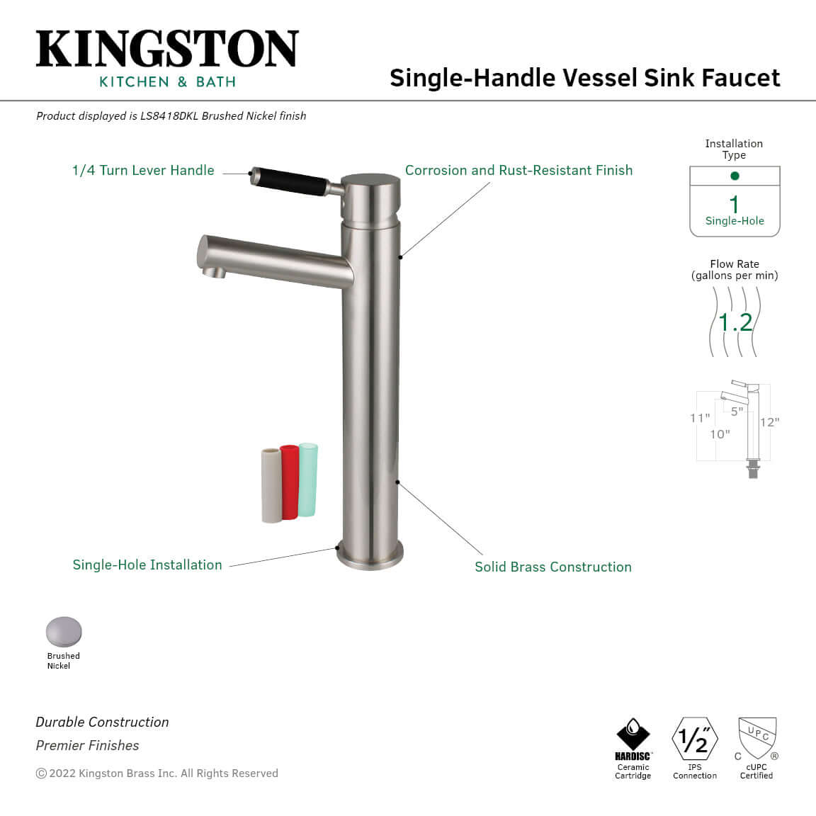 Fauceture LS8418DKL Kaiser Single-Handle Vessel Sink Faucet, Brushed Nickel with ergonomic design and brushed finish.
