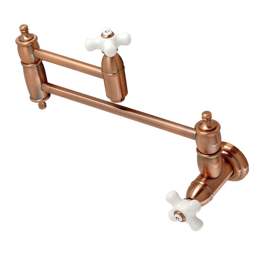 Kingston Brass KS310PXAC Restoration Wall Mount Pot Filler Faucet, Antique Copper with white handles and swing arms
