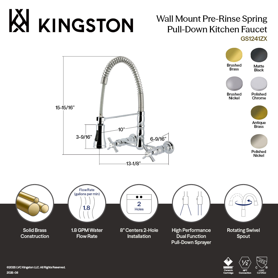 Kingston Brass GS1243ZX Millennium Double-Handle Wall-Mount Pre-Rinse Bridge Kitchen Faucet, Antique Brass diagram and features