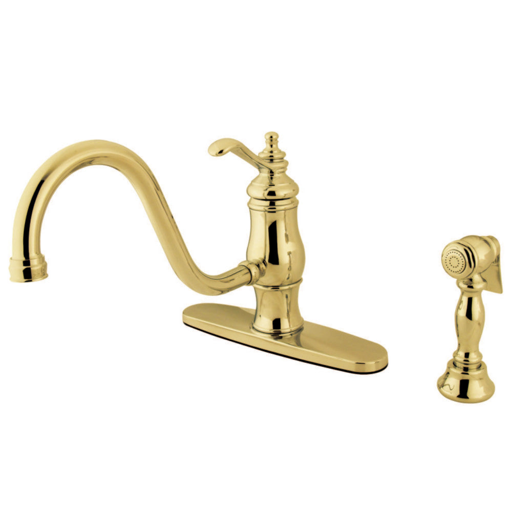 Kingston KS1572TLBS Gourmetier Single-Handle Kitchen Faucet with Brass Sprayer, Polished Brass