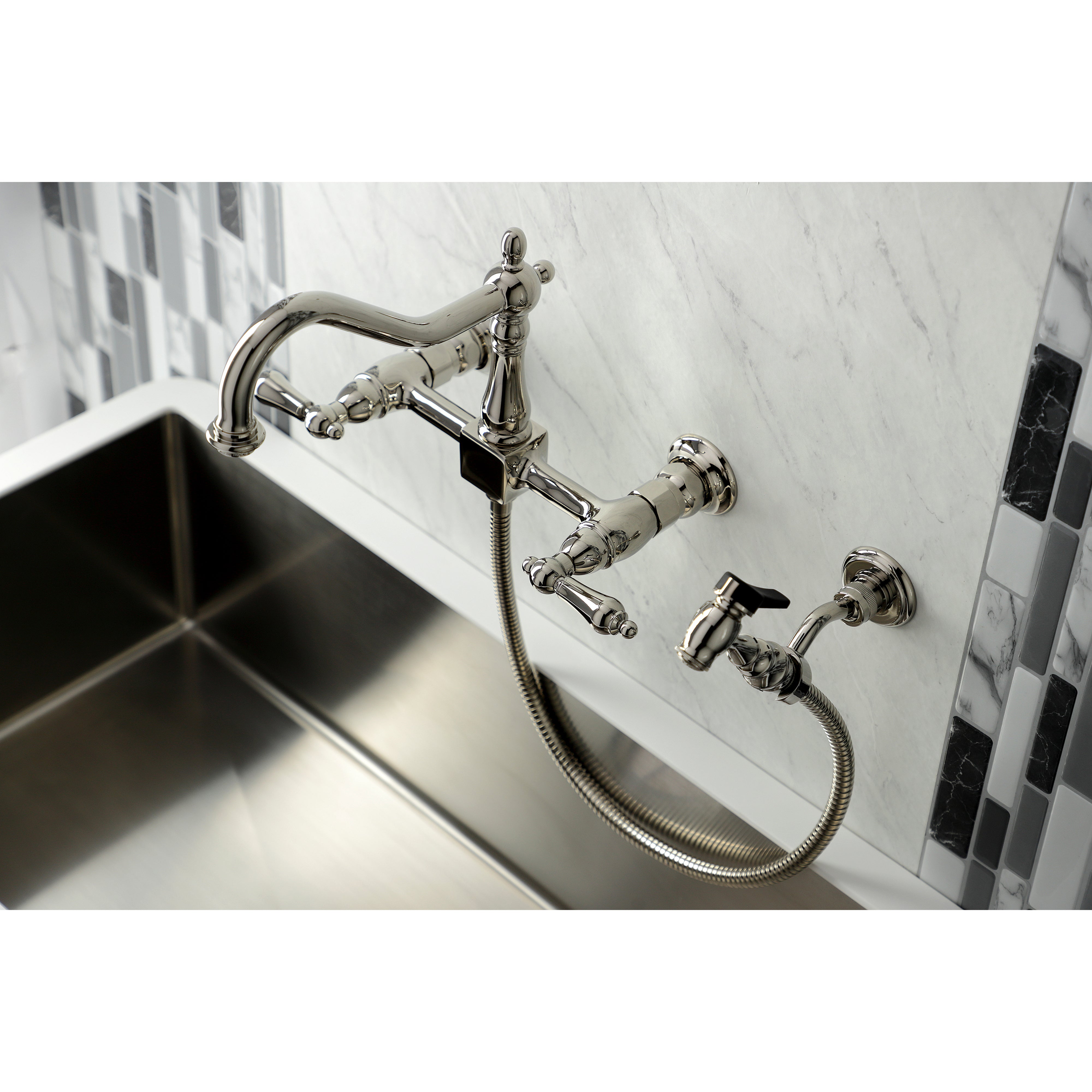 Kingston KS1243ALBS Heritage Two-Handle Wall Mount Bridge Kitchen Faucet with Brass Sprayer, Antique Brass.