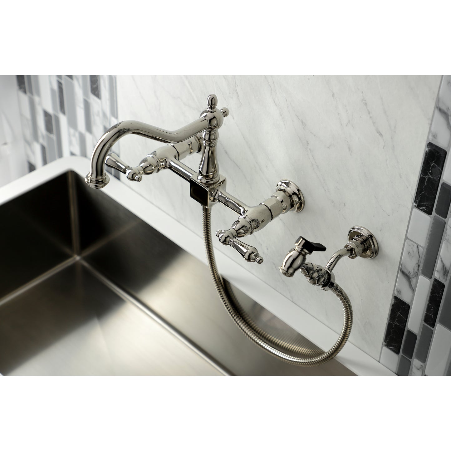 Kingston KS1243ALBS Heritage Two-Handle Wall Mount Bridge Kitchen Faucet with Brass Sprayer, Antique Brass.
