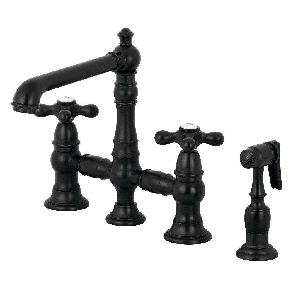 Kingston KS7277AXBS English Country Bridge Kitchen Faucet with Brass Sprayer, Brushed Brass.