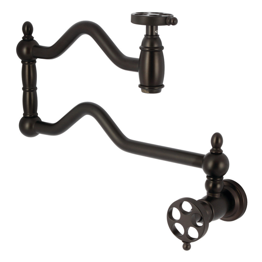 Kingston Brass KS2107RKZ Wendell Wall Mount Pot Filler Faucet with Knurled Handle, Brushed Brass in Oil Rubbed Bronze finish