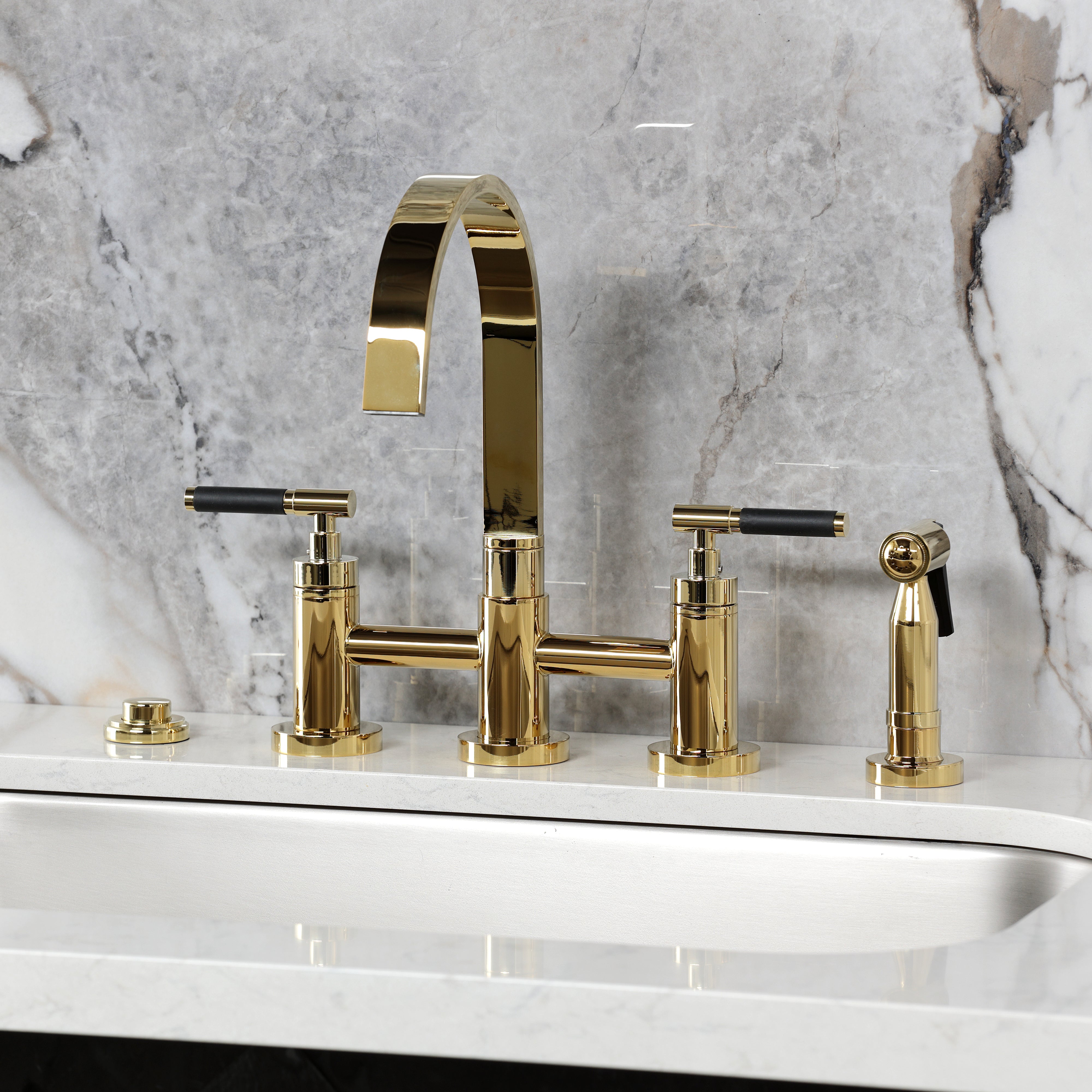 Kingston KS8267CKLBS Kaiser Bridge Kitchen Faucet with Brass Sprayer, Brushed Brass on marble countertop