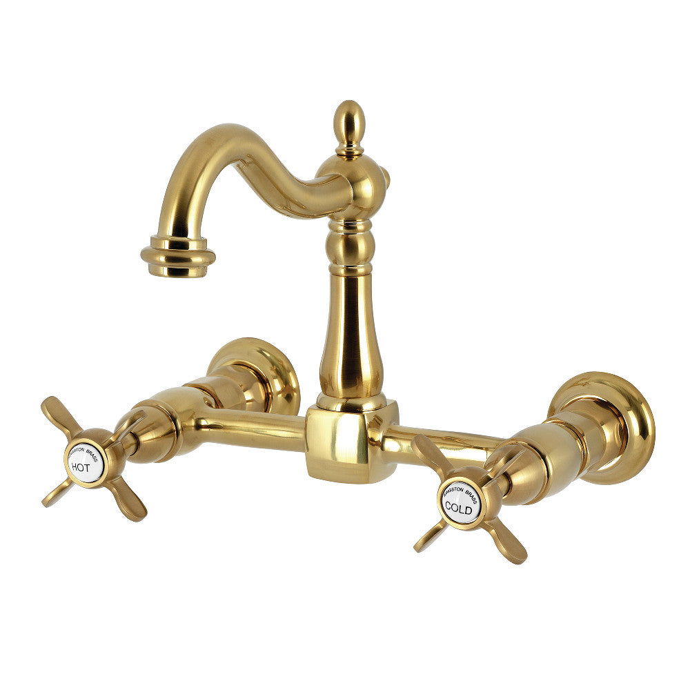 Kingston KS1263BEX Essex Two-Handle Wall Mount Bridge Kitchen Faucet, Antique Brass in brushed brass finish