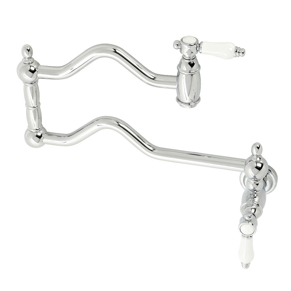 Kingston Brass KS2107BPL Bel-Air Wall Mount Pot Filler Faucet, Brushed Brass with white porcelain levers in polished chrome finish.