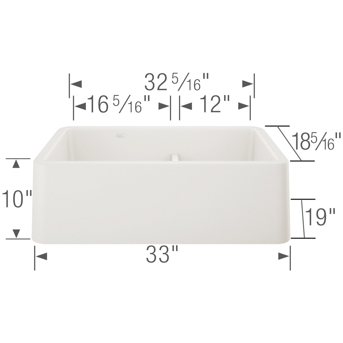 BLANCO Ikon SILGRANIT 33" Double Bowl Apron-Front Farmhouse Sink with Low Divide dimensions diagram