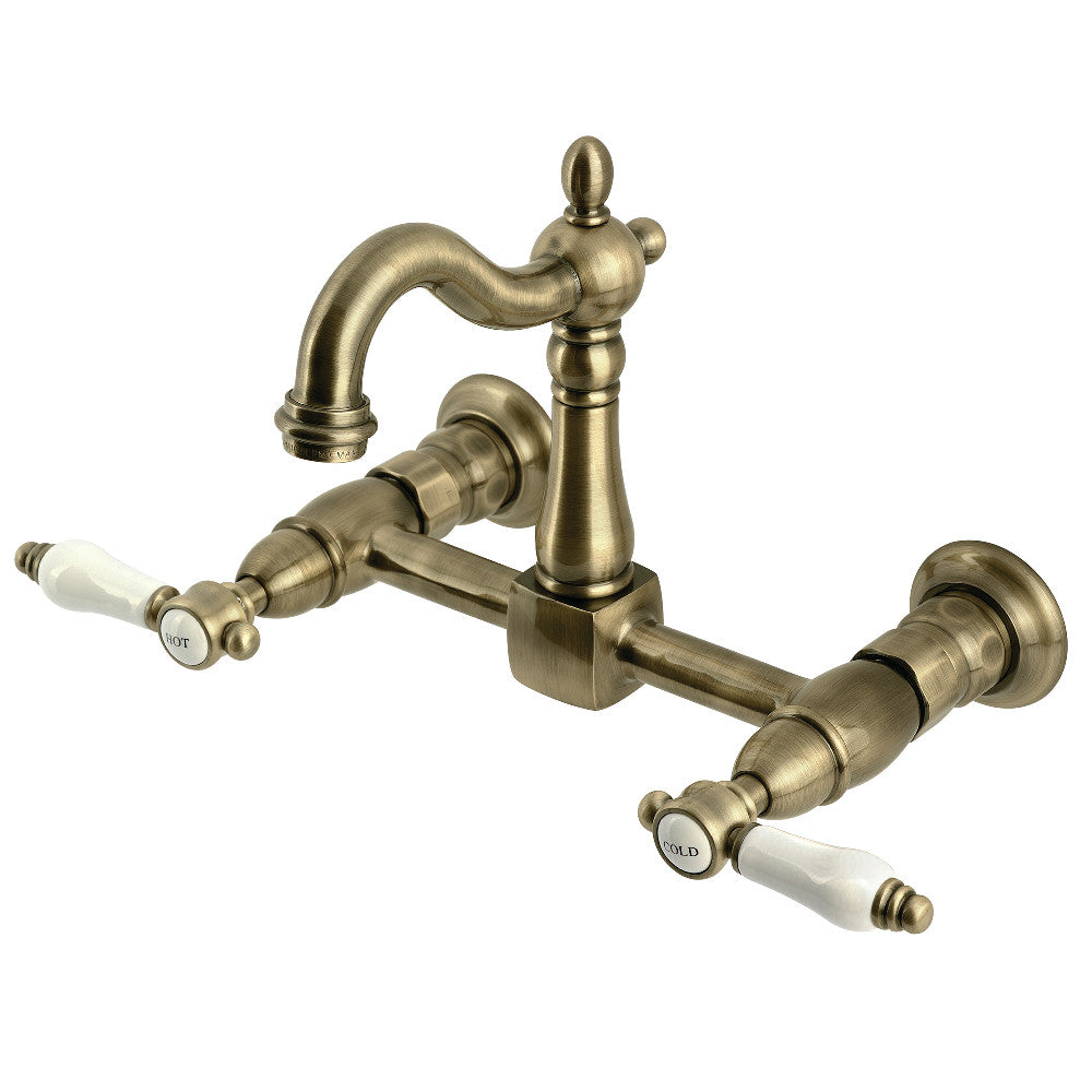 Kingston KS2443BPL Bel-Air Two-Handle Wall Mount Bridge Kitchen Faucet, Antique Brass.
