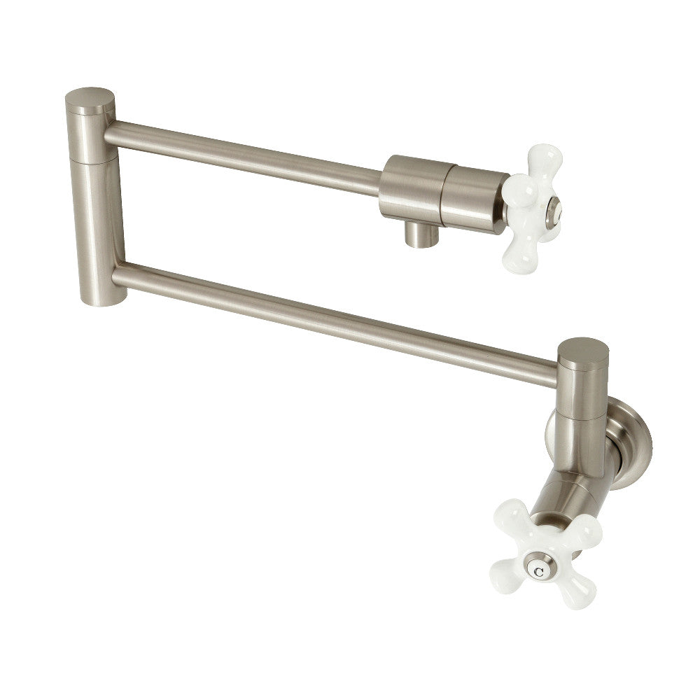 Kingston Brass KS4107PX Metropolitan Wall Mount Pot Filler Faucet, Brushed Brass with foldable swing arms and unique design.