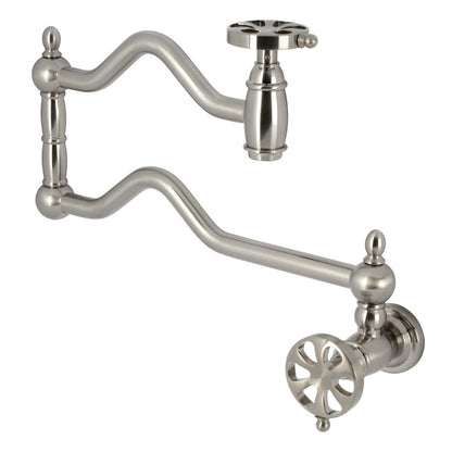 Kingston Brass KS2107RX Belknap Wall Mount Pot Filler Faucet, Brushed Brass with foldable swing arms and elegant design.