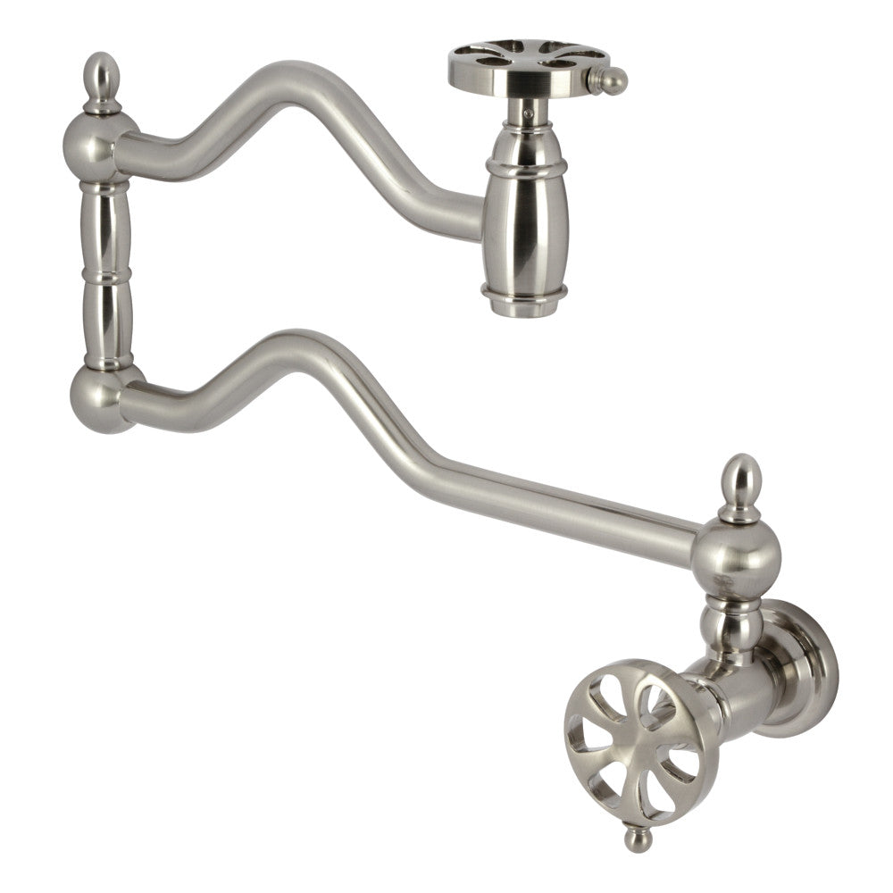 Kingston Brass KS2107RX Belknap Wall Mount Pot Filler Faucet, Brushed Brass with foldable swing arms and elegant design.