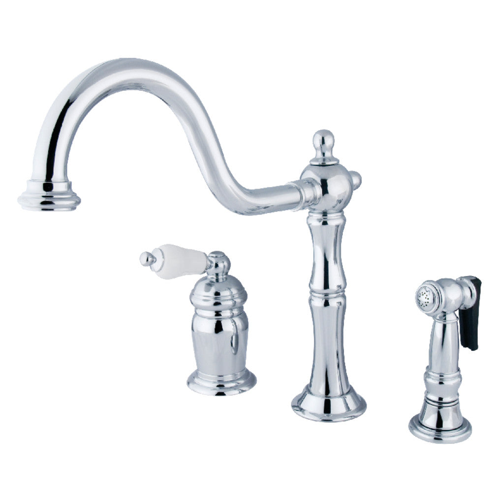 Kingston Brass KS1818PLBS Heritage Single-Handle Widespread Kitchen Faucet with Brass Sprayer, Brushed Nickel.