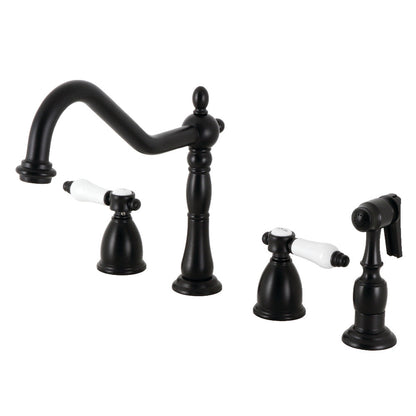 Kingston Brass KB1793BPLBS Bel-Air Double-Handle Widespread Kitchen Faucet with Brass Sprayer, Antique Brass in Matte Black finish.